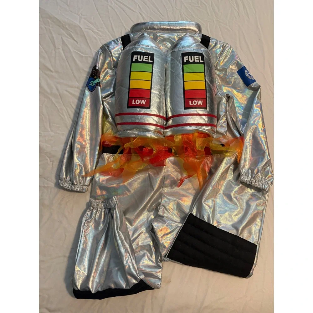 I Want To Be Astronaut Costume Jumpsuit Silver Metallic Jet Pack Size 5/6 Kids